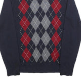 BANANA REPUBLIC Mens Navy Blue Red Grey Argyle Wool Patterned V-Neck Jumper M
