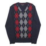 BANANA REPUBLIC Mens Navy Blue Red Grey Argyle Wool Patterned V-Neck Jumper M