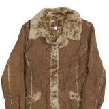 GUES Womens Brown Shearling Jacket L Polyester Button Up Faux Fur Trim