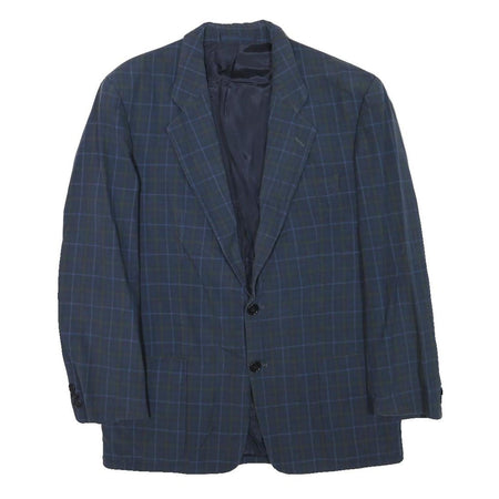 E THOMAS Mens Blue Checked Classic Jacket S Wool Blend Button Closure Stylish