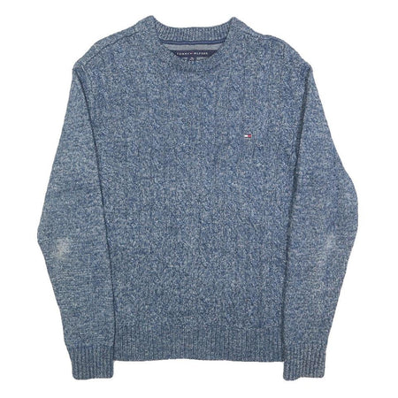 TOMMY HILFIGER Mens Blue Patterned Cotton Blend Jumper Crew Neck Cable Knit XS
