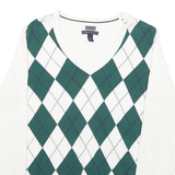 TOMMY HILFIGER Mens White & Green Patterned V Neck Jumper M Classic Cotton Blend