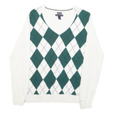 TOMMY HILFIGER Mens White & Green Patterned V Neck Jumper M Classic Cotton Blend