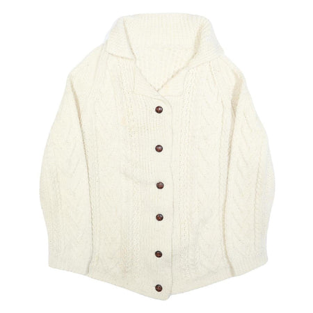 Womens Cream Chunky Knit Button Up Cable Knit Jumper L Cozy Fashion