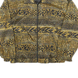 EVR Womens Black & Gold Printed Nylon Bomber Jacket L Zip Closure Relaxed Fit