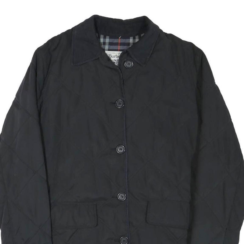 BURBERRY Womens Black Outdoor Jacket M Polyester Blend Diamond Pattern Button