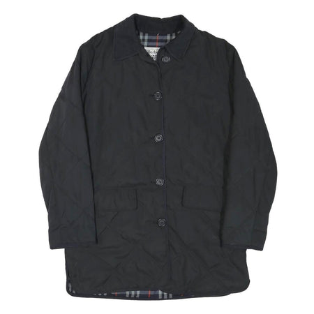 BURBERRY Womens Black Outdoor Jacket M Polyester Blend Diamond Pattern Button