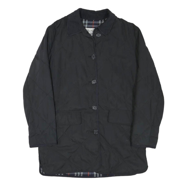 BURBERRY Womens Black Outdoor Jacket M Polyester Blend Diamond Pattern Button