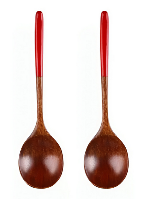 Anygleam Brown Red 2pcs Wooden Ramen Spoon Long Kitchen Tableware