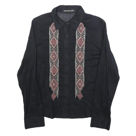 DKNY Womens Black Shirt L Cotton Embroidered Casual Long Sleeve