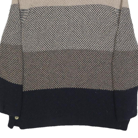 BARBOUR Womens Beige & Navy Patterned Jumper Round Neck Basic Knit UK 10 Wool