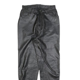 Womens Black Leather Regular Fit Trousers W28 L30 Zip Closure Stylish Pocketed
