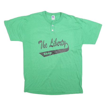 RUSSELL ATHLETIC Mens Green Graphic T-Shirt M Short Sleeve Crew Neck Button