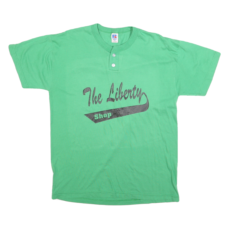 RUSSELL ATHLETIC Mens Green Graphic T-Shirt M Short Sleeve Crew Neck Button