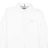 TOMMY HILFIGER Mens White & Blue Cotton Blend Shirt S Logo Casual Stripe Hem