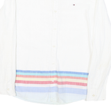 TOMMY HILFIGER Mens White & Blue Cotton Blend Shirt S Logo Casual Stripe Hem