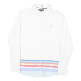 TOMMY HILFIGER Mens White & Blue Cotton Blend Shirt S Logo Casual Stripe Hem