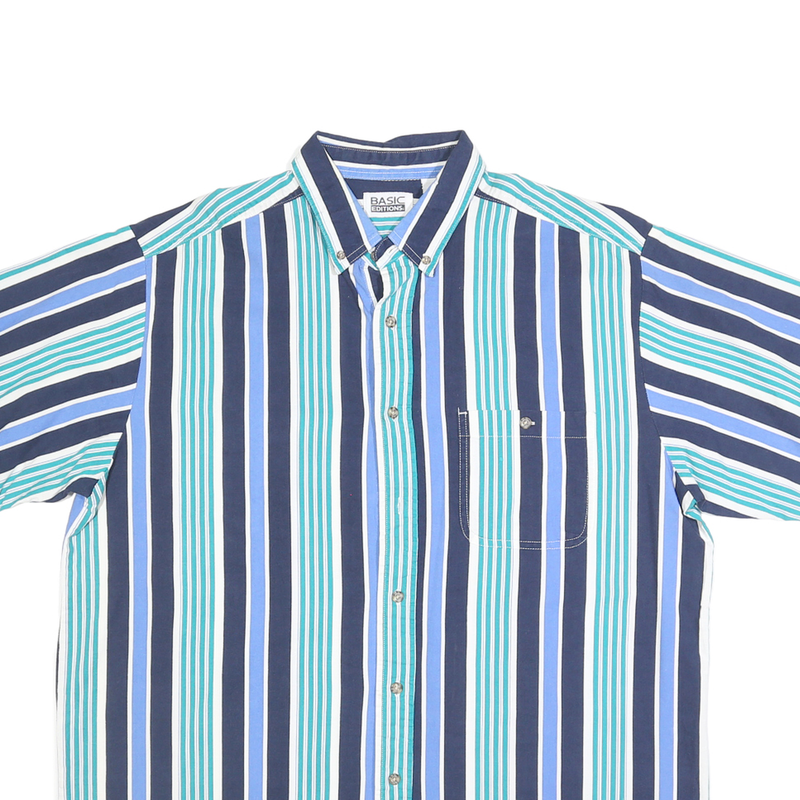 BASIC EDITIONS Mens Blue & Green Striped Button-Down Collar Shirt L Cotton Short