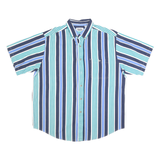 BASIC EDITIONS Mens Blue & Green Striped Button-Down Collar Shirt L Cotton Short