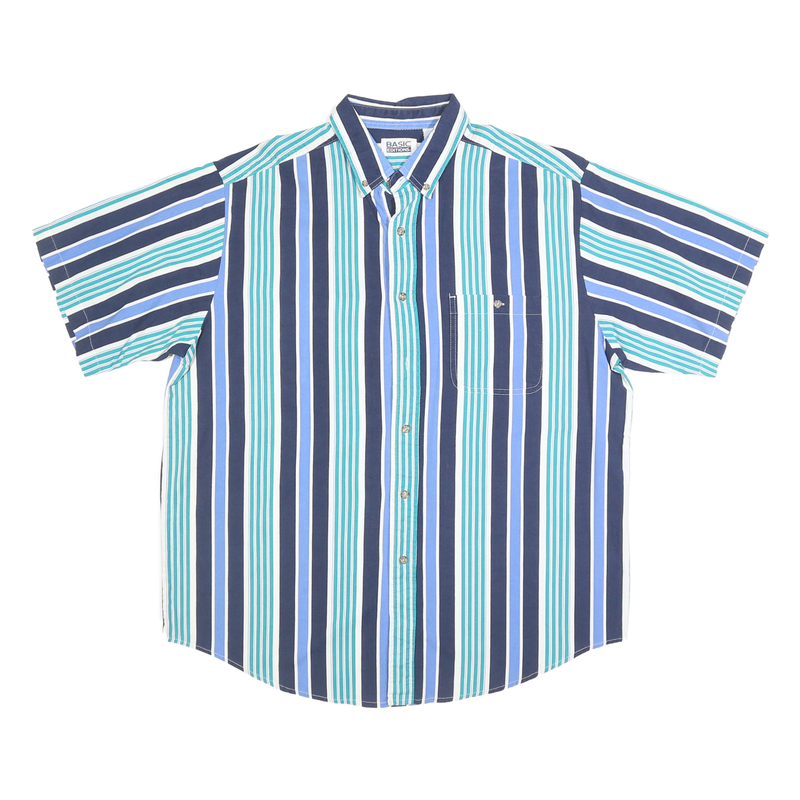 BASIC EDITIONS Mens Blue & Green Striped Button-Down Collar Shirt L Cotton Short