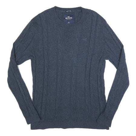 HOLLISTER Mens Blue Plain Crew Neck Cable Knit Jumper XL Cotton Blend Casual