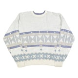 TT & CO Mens White Blue Patterned Cotton Crew Neck Jumper XL Stylish Comfort