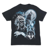 Mens Black Graphic T-Shirt S Short Sleeve Crew Neck Skull Wolf Print