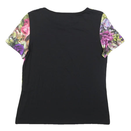 MARC CAIN Womens Black & Purple Floral Modern T-Shirt S Short Sleeve Round Neck