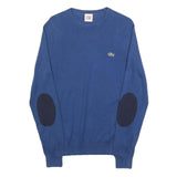 LACOSTE LIVE Mens Blue Plain Cotton Crew Neck Basic Knit S Jumper Elbow Patch