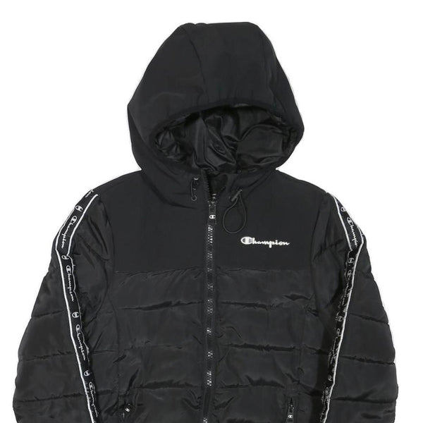 CHAMPION Mens Black Zip Jacket XS Polyester Blend Puffer Logo Tape Hooded