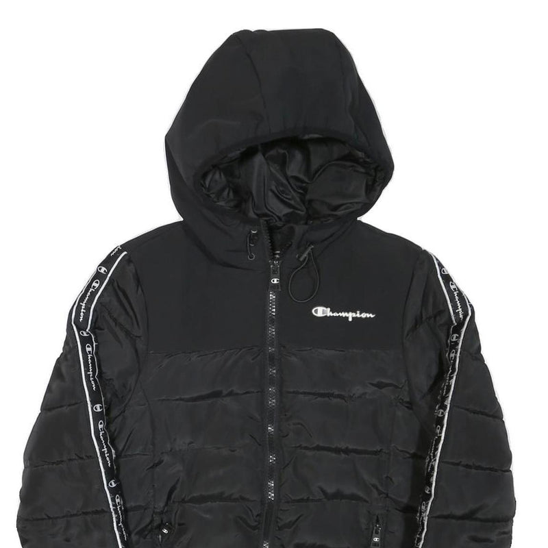 CHAMPION Mens Black Zip Jacket XS Polyester Blend Puffer Logo Tape Hooded