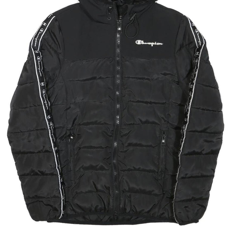 CHAMPION Mens Black Zip Jacket XS Polyester Blend Puffer Logo Tape Hooded