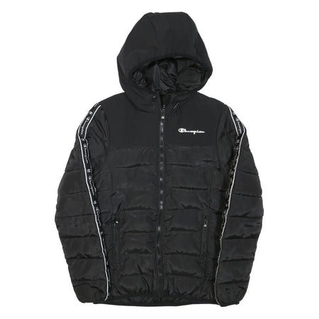 CHAMPION Mens Black Zip Jacket XS Polyester Blend Puffer Logo Tape Hooded