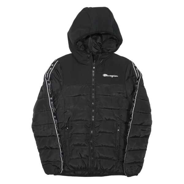CHAMPION Mens Black Zip Jacket XS Polyester Blend Puffer Logo Tape Hooded