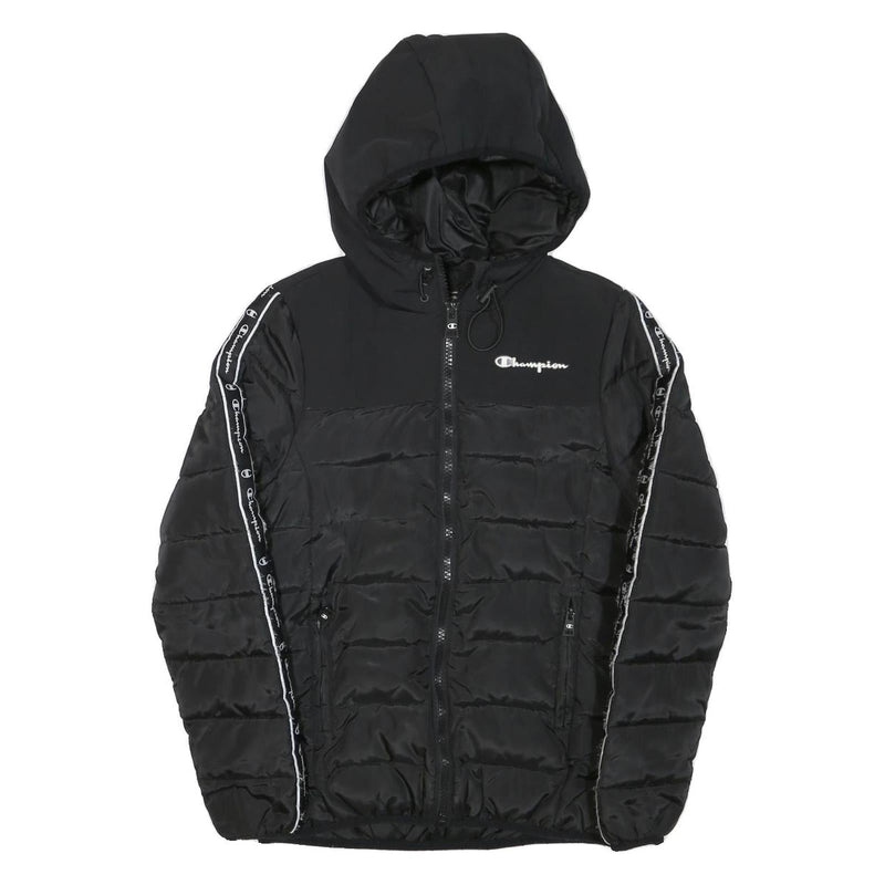 CHAMPION Mens Black Zip Jacket XS Polyester Blend Puffer Logo Tape Hooded
