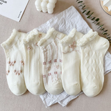 Anyfootwear 5 Pairs One Size 35-40 Women's Invisible Boat Socks Diamond Wave Ribbon Flower Print Cotton Ankle Socks Summer Breathable Short No Show Socks
