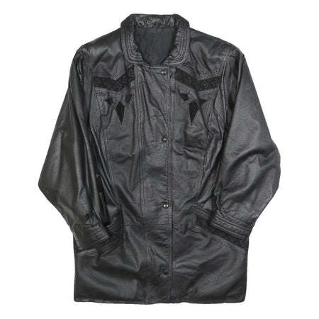 Womens Black Leather Jacket L Button Plain Soft Comfortable Stylish