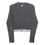 TOMMY JEANS Womens Grey Plain Crew Neck Basic Knit Jumper S Logo Band Bottom