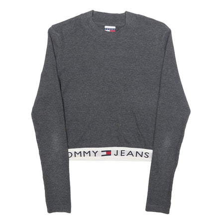 TOMMY JEANS Womens Grey Plain Crew Neck Basic Knit Jumper S Logo Band Bottom