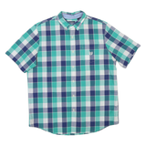 CHAPS Mens Blue & Green Check Shirt L Cotton Blend Button-Down Collar Short