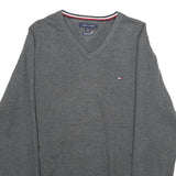 TOMMY HILFIGER Mens Grey Plain V-Neck Basic Knit Jumper L Cotton Classic Casual
