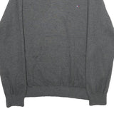 TOMMY HILFIGER Mens Grey Plain V-Neck Basic Knit Jumper L Cotton Classic Casual