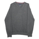 TOMMY HILFIGER Mens Grey Plain V-Neck Basic Knit Jumper L Cotton Classic Casual