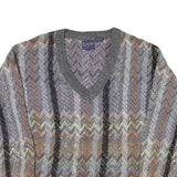 LE REY Womens Grey Patterned V-Neck Chunky Knit Jumper M Cotton Blend