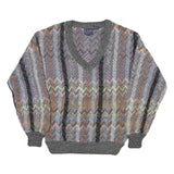 LE REY Womens Grey Patterned V-Neck Chunky Knit Jumper M Cotton Blend