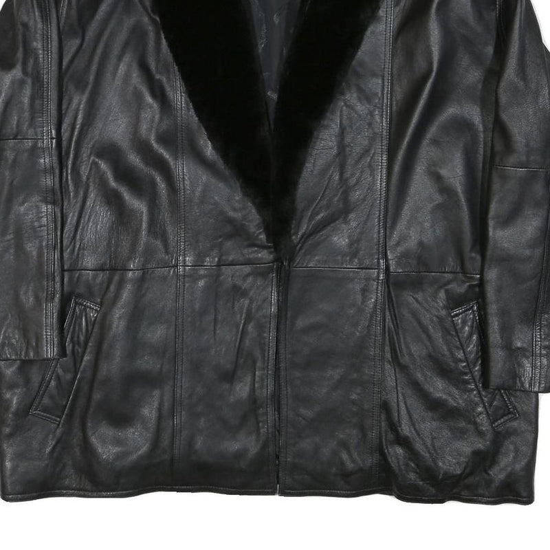 Womens Black Leather Jacket L Leather Plain Faux Fur Collar Loose Fit