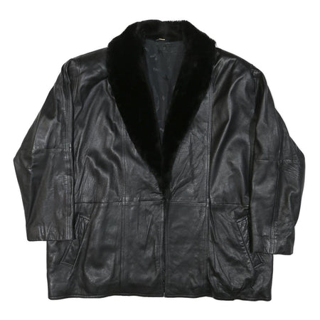 Womens Black Leather Jacket L Leather Plain Faux Fur Collar Loose Fit