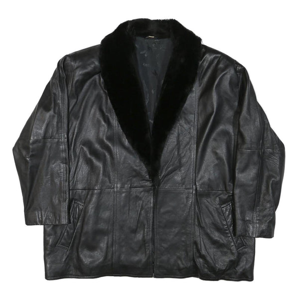 Womens Black Leather Jacket L Leather Plain Faux Fur Collar Loose Fit