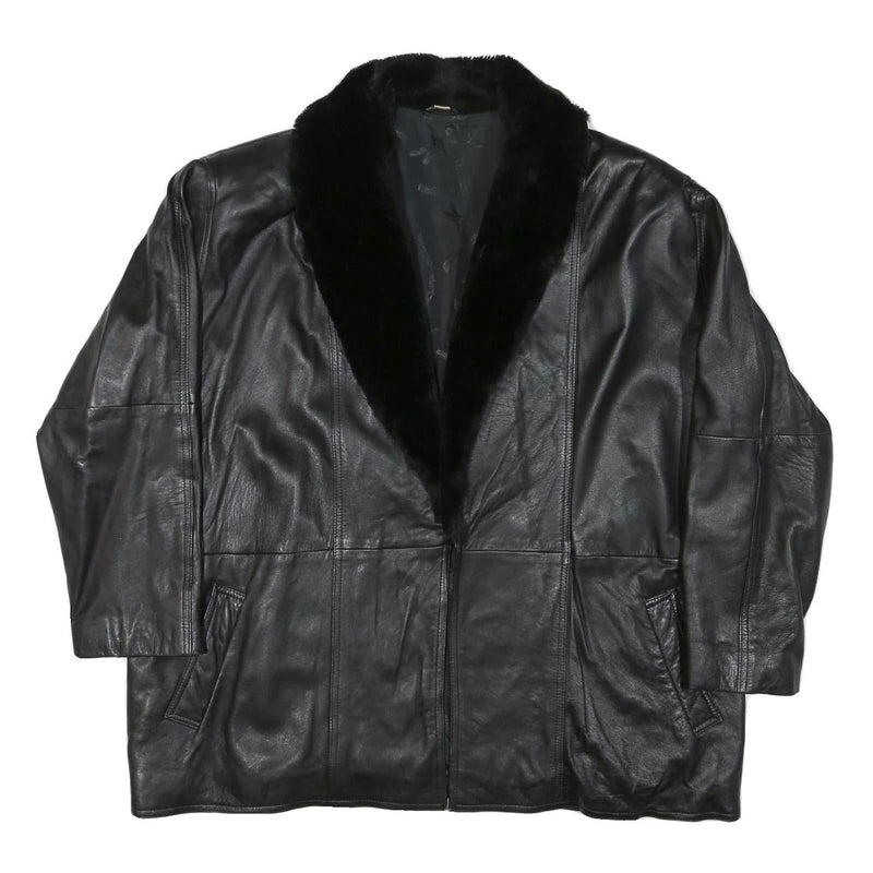Womens Black Leather Jacket L Leather Plain Faux Fur Collar Loose Fit