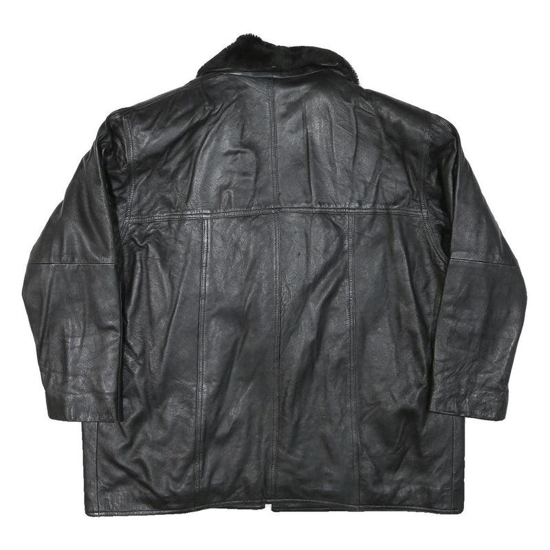 Womens Black Leather Jacket L Leather Plain Faux Fur Collar Loose Fit